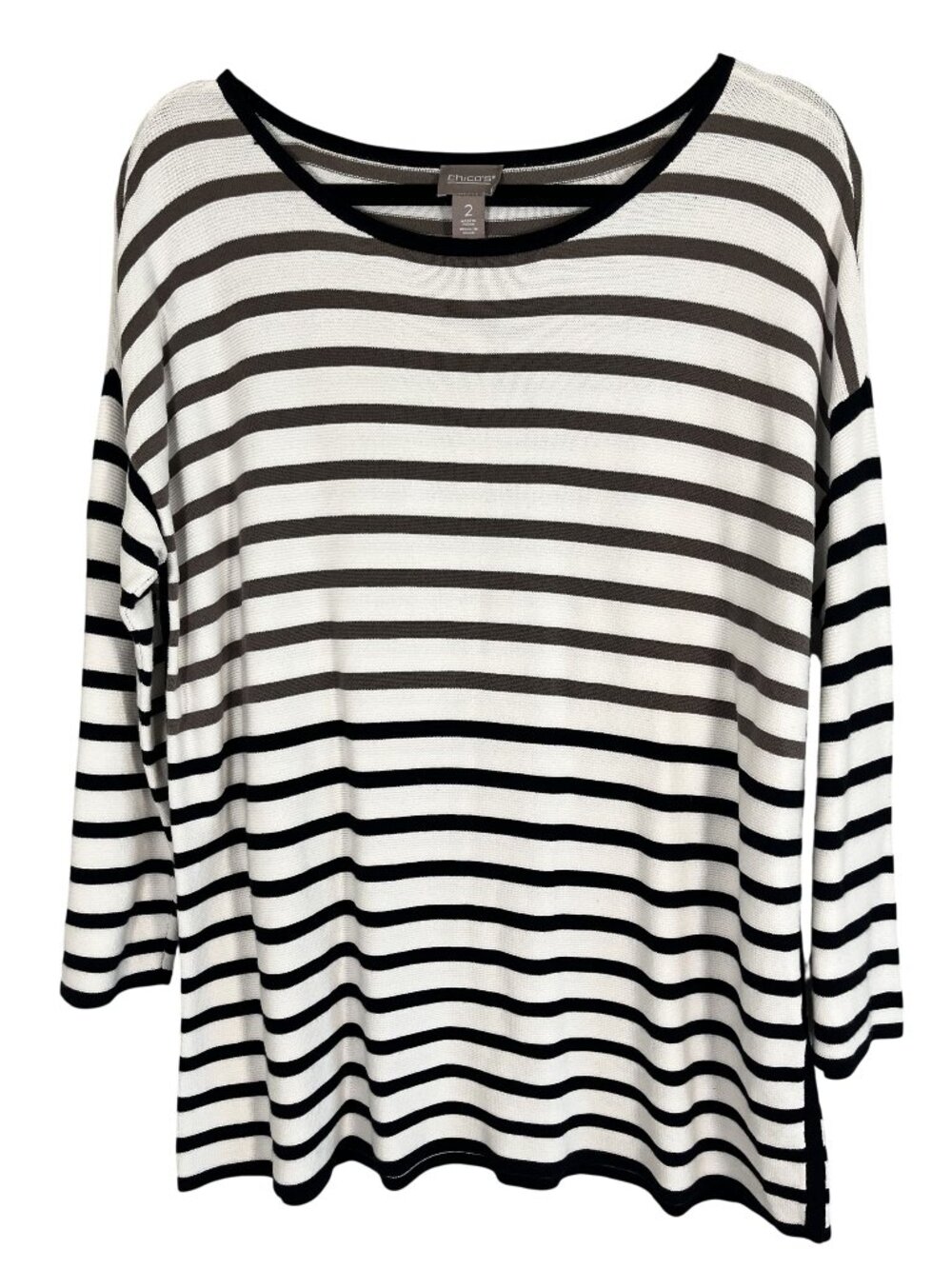 Chicos Striped Knit Sweater Tunic L Neutral Minimalist Preppy Resort Classic